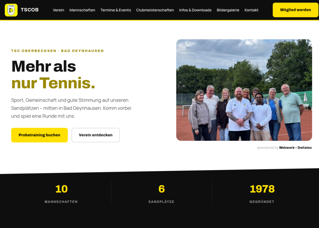 Screenshot der neuen Website des TSCOB Tennisverein Oberbecksen